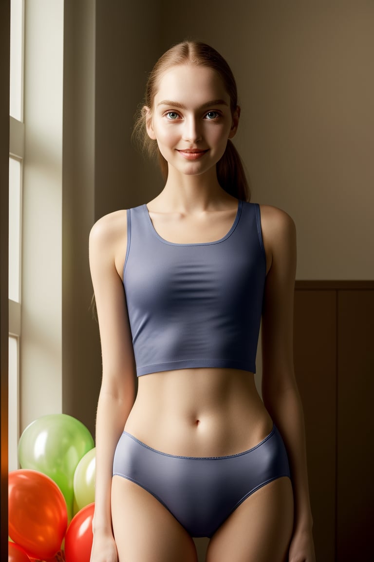 pntyad, European, pndswacoal, woman, 1girl, solo, photoshop_medium, underwear, panties, bra, lingerie, photo_medium, A girl is standing in a room with a window, wearing a grey tank top and grey underwear. She is smiling and posing for the camera. The room has a potted plant and a vase, both located near the window. There are also two balloons in the room, one near the girl and the other further away., seductive_stare, (contact iris: 1.1), (wide shoulders), cameltoe, midriff, navel, pale skin, skin pores, looking_at_viewer, (perfect face), (bright face: 1.5), (cinematic lighting), good aesthetic, good quality, poor contrast, good blur, good noise,  8k