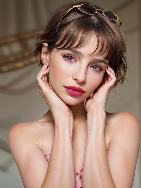 gquality, <lora:brenda:1> basnicar, 1girl, solo, looking at viewer, short hair, simple background, bare shoulders, upper body, nail polish, long fingernails, makeup, lipstick, eyewear on head, realistic, hands on own face, hands on own cheeks, white nails, pink topwear