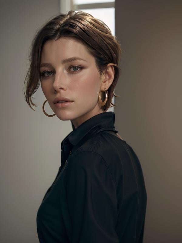 gquality, <lora:jessica-10:1> jessica, 1girl, solo, looking to the side, short hair, earrings, portrait, hoop earrings, realistic, shirt, black shirt