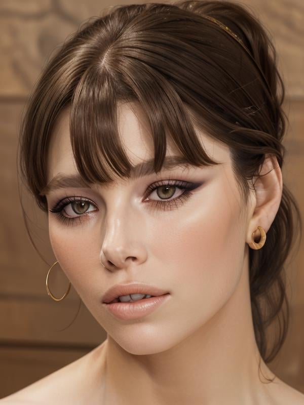 gquality, <lora:jessica-10:1> jessica, 1girl, solo, bangs, earrings, parted lips, teeth, portrait, realistic, ponytail, makeup, eyeshadow