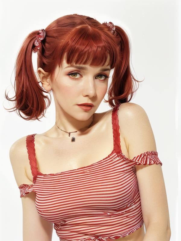 gquality, <lora:oreiro-10:1> oreiro, 1girl, solo, looking at viewer, bangs, simple background, white background, bare shoulders, twintails, underwear, upper body, red hair, striped, blunt bangs, off shoulder, bra, striped shirt, realistic, red bra, necklace, eyeliner