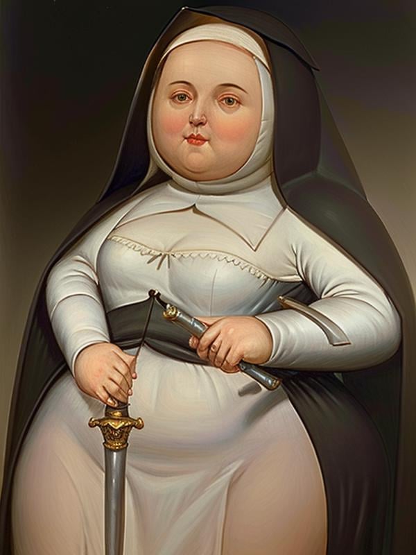 gquality, botero, <lora:botero-10:1> nun holding a sword