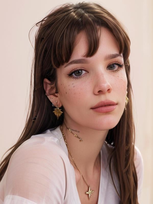 gquality, <lora:halsey:1> halsey, 1girl, solo, long hair, looking at viewer, simple background, shirt, brown hair, bangs, jewelry, earrings, closed mouth, realistic, portrait, pink background, white shirt, makeup, eyeliner