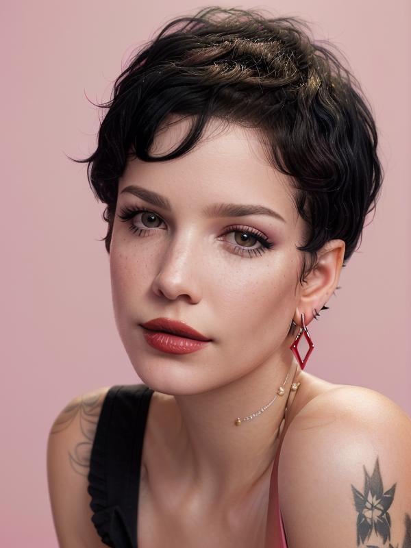 gquality, <lora:halsey-10:1> halsey, 1girl, solo, short hair, looking at viewer, black hair, bare shoulders, earrings, realistic, portrait, makeup, pink background, eyeshadow, lipstick, red lips