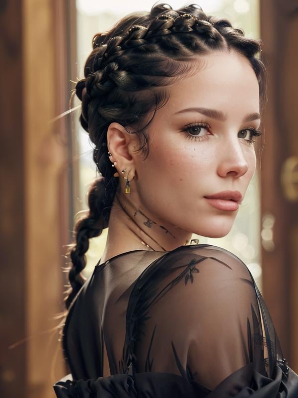 gquality, <lora:halsey-10:1> halsey, 1girl, solo, looking to the side, long hair, black hair, earrings, parted lips, realistic, portrait, braid, multiple braids, shirt, see-through