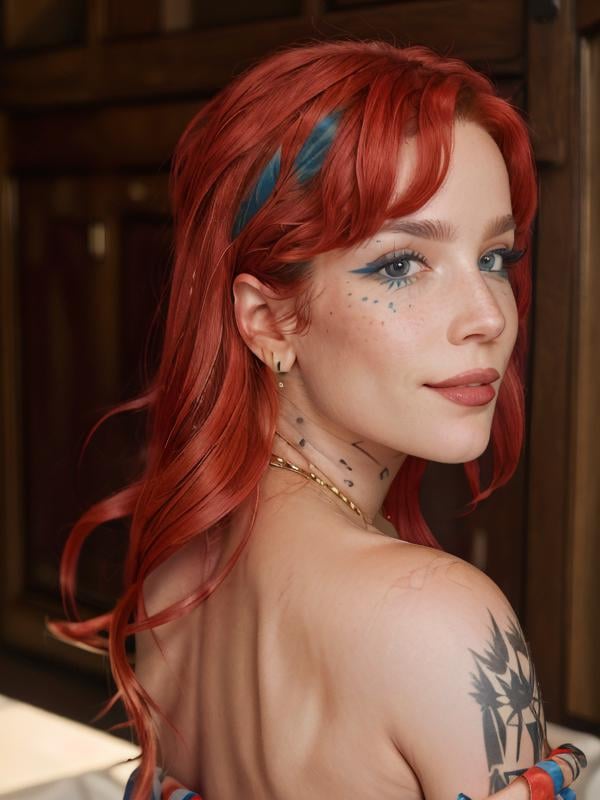 gquality, <lora:halsey-10:1> halsey, 1girl, solo, long hair, looking at viewer, bare shoulders, red hair, looking back, realistic, makeup, from behind, blue eyeliner, eyeliner, smile