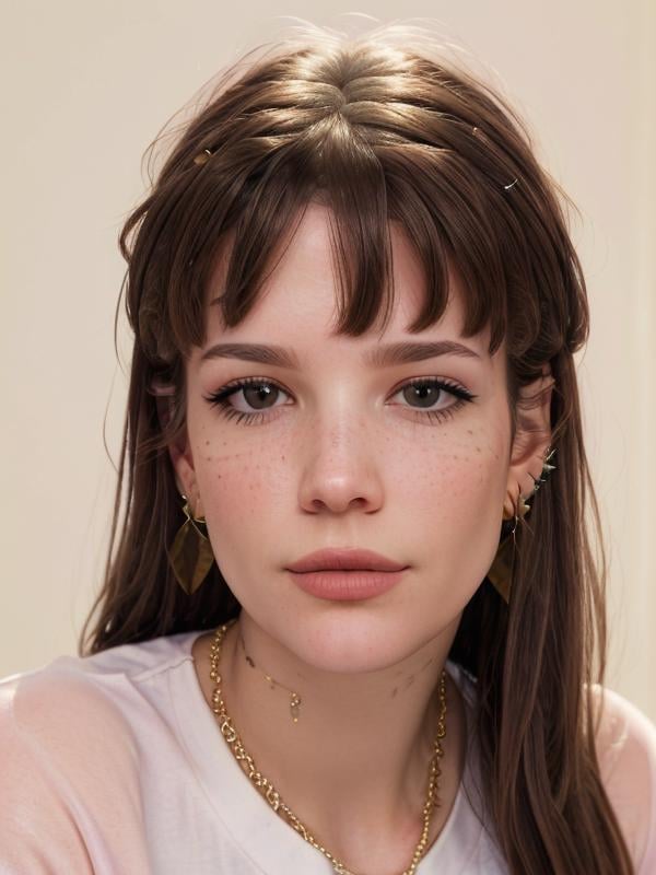 gquality, <lora:halsey:1> halsey, 1girl, solo, long hair, looking at viewer, simple background, shirt, brown hair, bangs, jewelry, earrings, closed mouth, realistic, portrait, pink background, white shirt, makeup, eyeliner