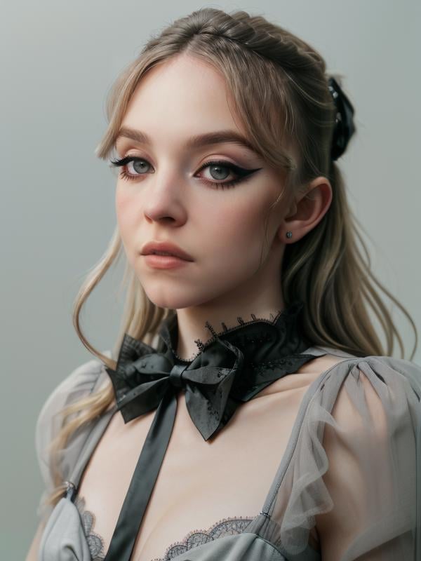 gquality, <lora:sydney-10:1> sydney, 1girl, solo, looking at viewer, simple background, portrait, parted lips, grey background, realistic, eyelashes, makeup, eyeliner, bowtie, gothic