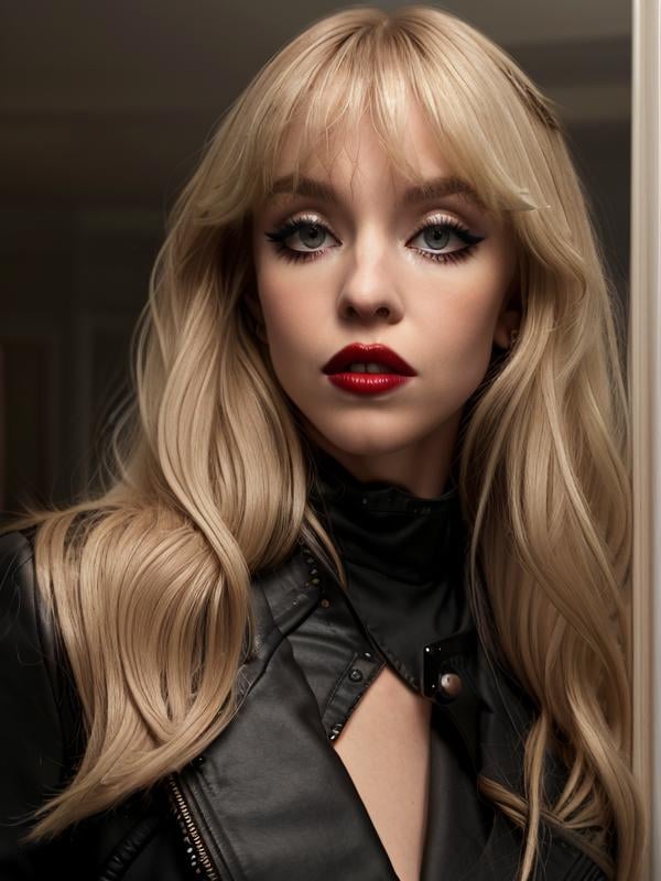 gquality, <lora:sydney-10:1> sydney, 1girl, solo, blonde hair, parted lips, makeup, lipstick, portrait, realistic, red lips, eyeliner, bangs, black jacket, jacket