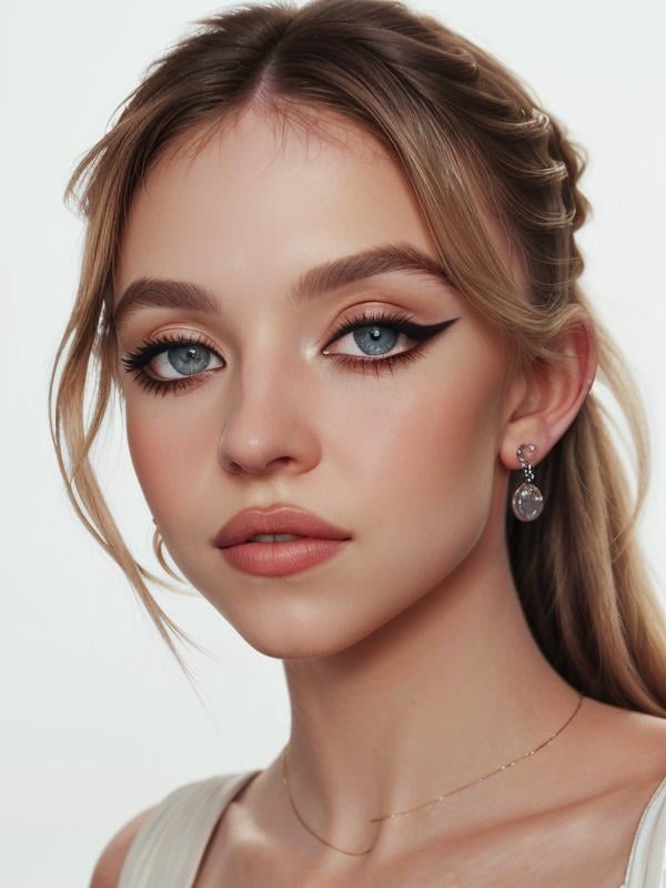 gquality, <lora:sydney-10:1> sydney, 1girl, solo, looking at viewer, simple background, portrait, jewelry, parted lips, close-up, earrings, white background, teeth, realistic, eyelashes, eyeliner, makeup