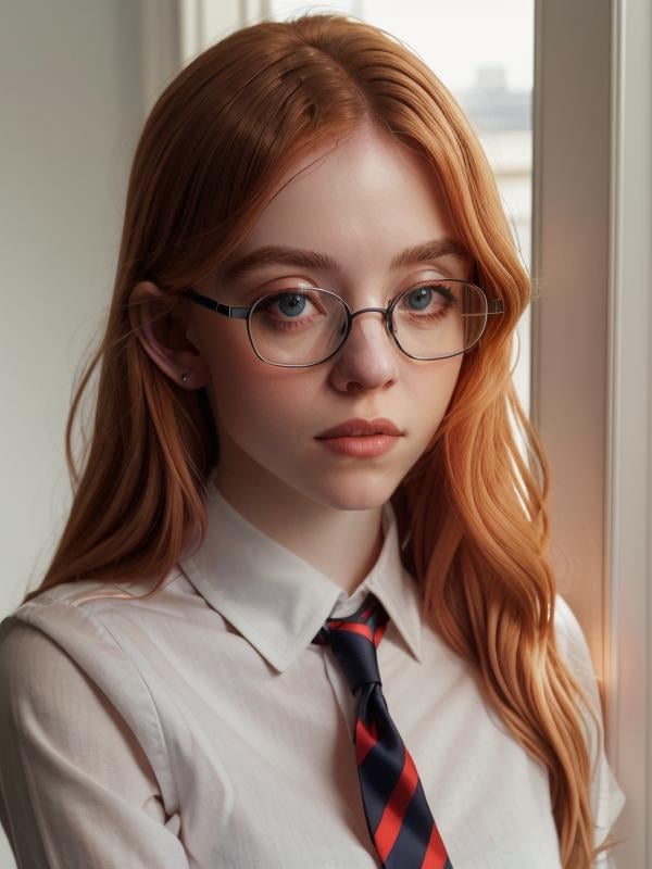 gquality, <lora:sydney-10:1> sydney, 1girl, orange hair, solo, looking at viewer, glasses, collared shirt, schoolgirl, white shirt