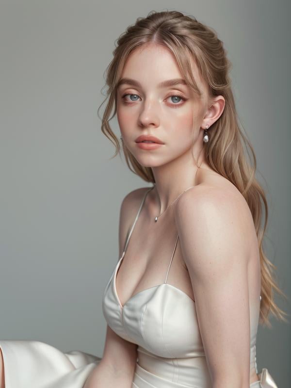gquality, <lora:sydney-10:1> sydney, 1girl, solo, looking at viewer, simple background, grey background, parted lips, realistic, bare shoulders, sitting, white dress, ring, earrings