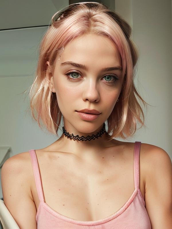 gquality, <lora:malena-10:1> malena, 1girl, solo, looking at viewer, short hair, blonde hair, pink hair, two-tone hair, bare shoulders, closed mouth, upper body, choker, mole, head tilt, realistic