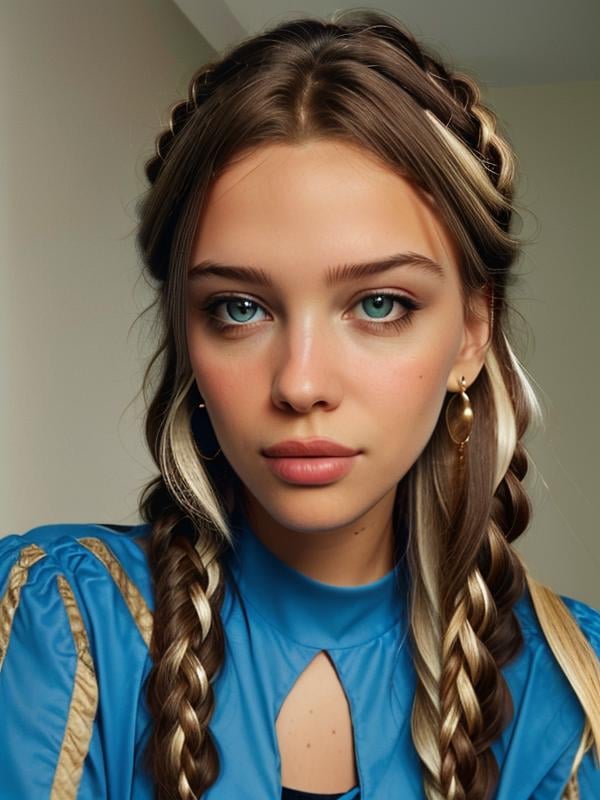 gquality, <lora:malena-10:1> malena, 1girl, solo, looking at viewer, closed mouth, upper body, earrings, portrait, realistic, brown hair, blonde hair, two-tone hair, braid, blue shirt, long sleeves
