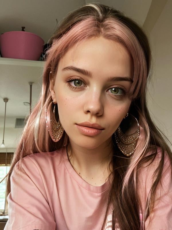 gquality, <lora:malena-10:1> malena, 1girl, solo, looking at viewer, brown hair, pink hair, closed mouth, two-tone hair, earrings, portrait, pink shirt, realistic, head tilt, indoors