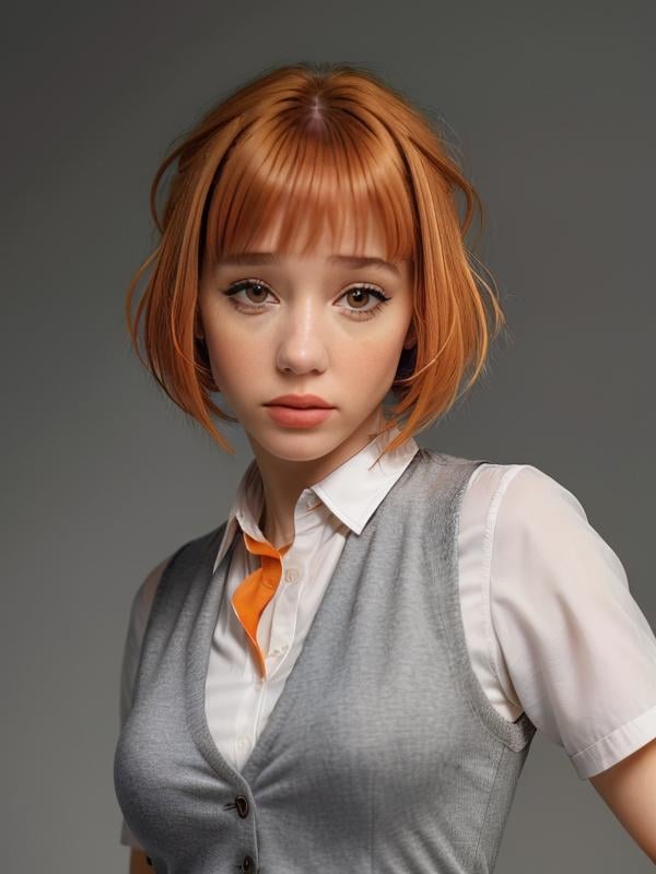 gquality, <lora:angela-10:1> angela, 1girl, solo, looking at viewer, short hair, bangs, simple background, parted lips, blunt bangs, grey background, orange hair, portrait, realistic, grey shirt, eyeliner, demin vest