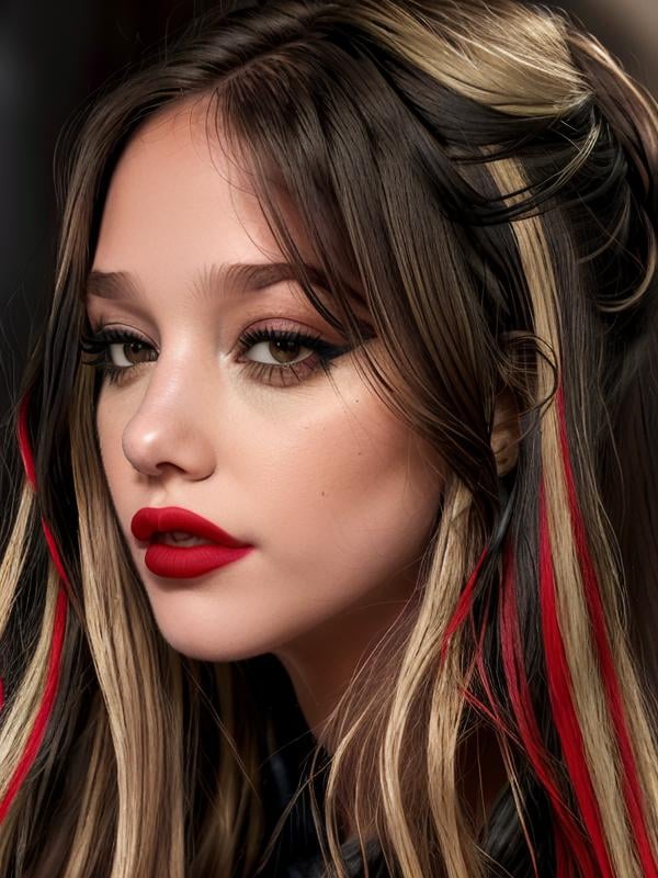 gquality, <lora:angela-10:1> angela, 1girl, solo, long hair, blonde hair, brown hair, simple background, black hair, multicolored hair, parted lips, black eyes, looking to the side, makeup, red dress, lipstick, portrait, realistic, red lips, two-tone hair