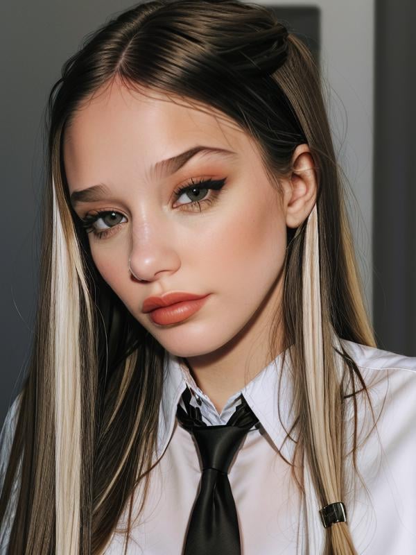 gquality, <lora:angela-10:1> angela, 1girl, solo, long hair, looking at viewer, simple background, shirt, black hair, blonde hair, white shirt, parted lips, necktie, collared shirt, makeup, lipstick, portrait, black necktie, realistic, nose piercing, lip piercing, two-tone hair, upper body