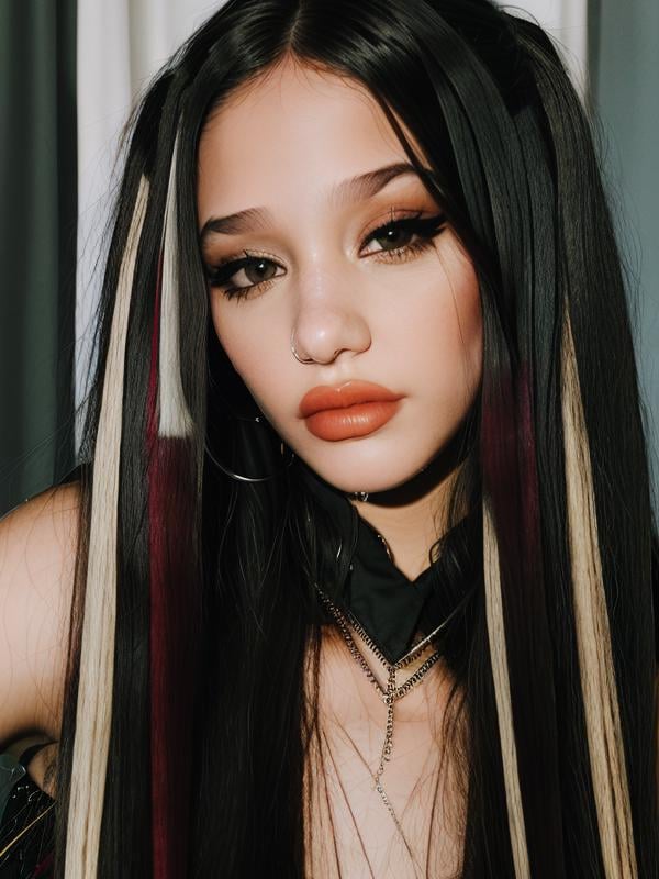 gquality, <lora:angela-10:1> angela, 1girl, solo, long hair, looking at viewer, black hair, closed mouth, lipstick, traditional media, portrait, realistic, eyeliner, nose piercing, lip piercing, two-tone hair