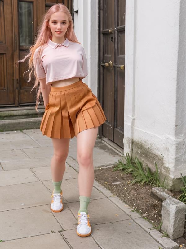 gquality, <lora:angela-10:1> angela, 1girl, solo, long hair, looking at viewer, skirt, pink hair, shirt, standing, full body, short sleeves, pleated skirt, shoes, socks, orange skirt, arms behind back, white footwear, sneakers, yellow shirt, realistic, green socks