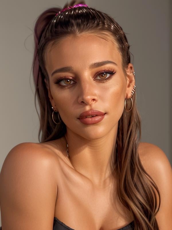 gquality, <lora:sol-10:1> sol, 1girl, solo, looking at viewer, brown hair, jewelry, portrait, earrings, parted lips, realistic, teeth, ponytail, makeup, eyelashes, lipstick, eyeshadow, bare shoulders