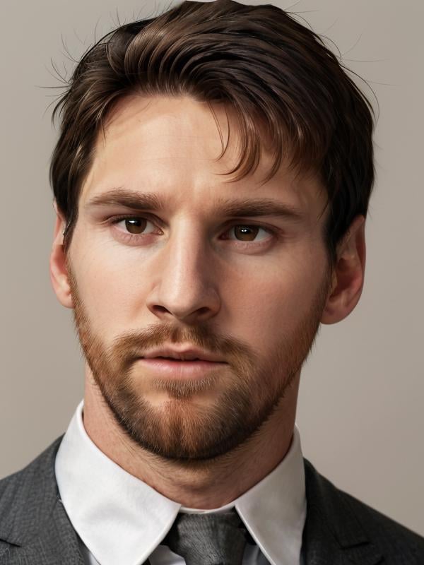 gquality, <lora:leo-10:1> leo, solo, looking at viewer, simple background, shirt, 1boy, closed mouth, white shirt, male focus, necktie, collared shirt, grey background, facial hair, formal, suit, portrait, black necktie, realistic, stubble, black suit