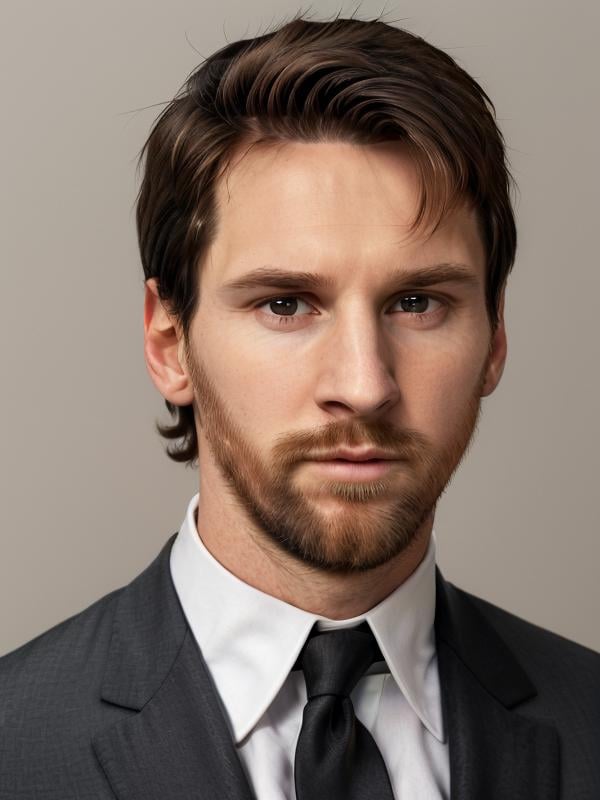 gquality, <lora:leo-10:1> leo, solo, looking at viewer, simple background, shirt, 1boy, closed mouth, white shirt, male focus, necktie, collared shirt, grey background, facial hair, formal, suit, portrait, black necktie, realistic, stubble, black suit