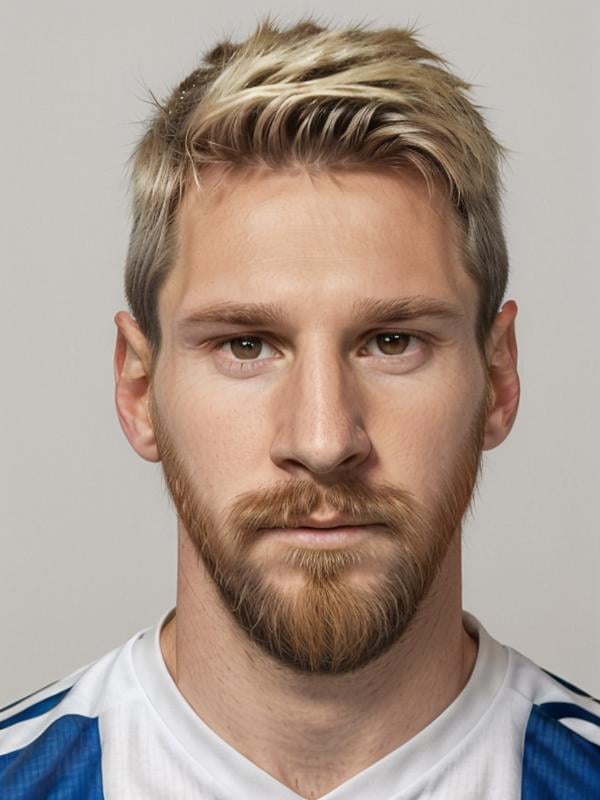 gquality, <lora:leo-10:1> leo, solo, looking at viewer, simple background, shirt, 1boy, blonde hair, male focus, white background, facial hair, beard, portrait, realistic, mustache, sportswear, soccer uniform