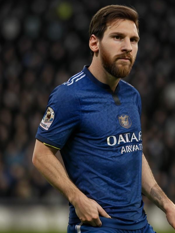 gquality, <lora:leo-10:1> leo, solo, shirt, 1boy, male focus, looking to the side, facial hair, shorts, blurry background, beard, realistic, blue shirt, sportswear, logo, soccer uniform, jersey, parted lips