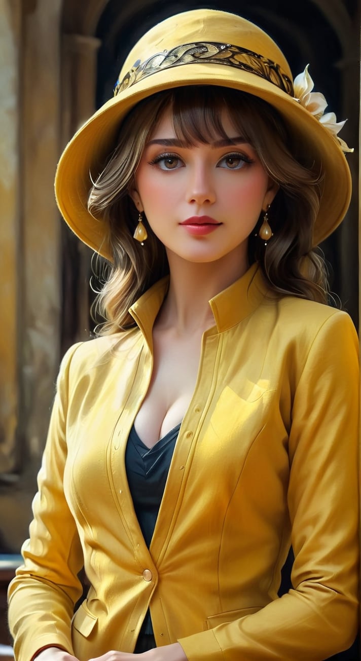 woman in elegant yellow clothes adorned with a hat, oil painting texture, volumetric lighting, golden ratio composition, ultra realistic
, Cinematic 