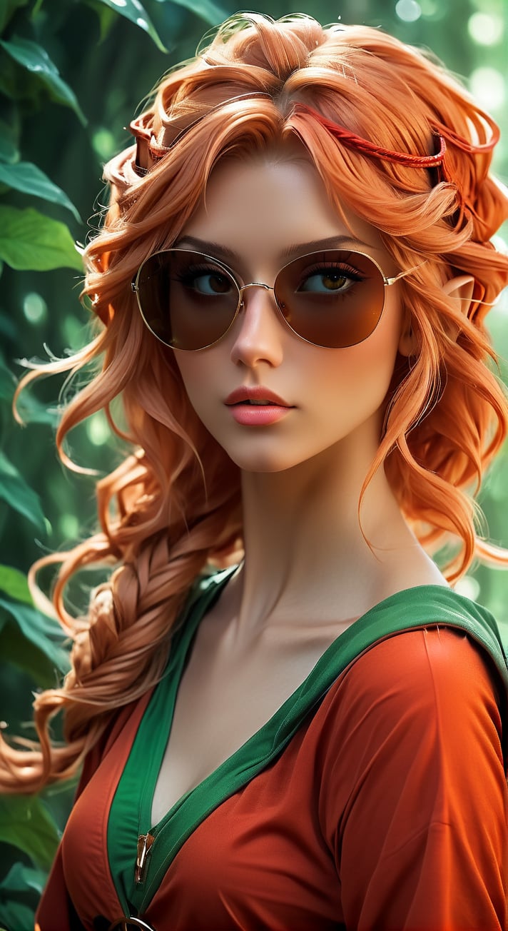 A fantasy elf woman with bright orange hair  wearing red clothing and sunglasses
photo_b00ster, Cinematic 