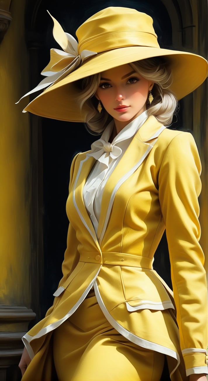 woman in elegant yellow clothes adorned with a hat, oil painting texture, volumetric lighting, golden ratio composition, ultra realistic
, Cinematic 