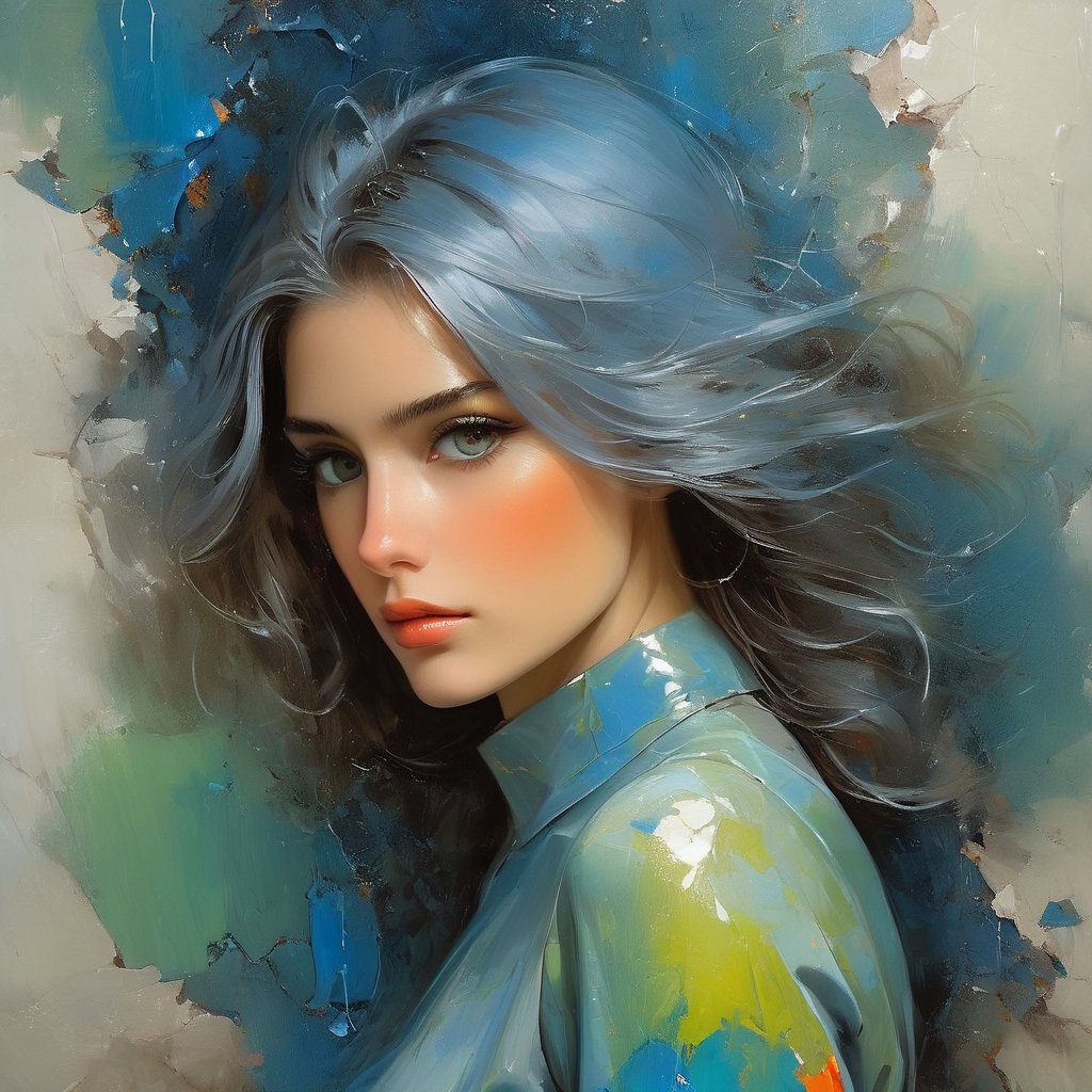 Portrait young woman appearing to emerge from a sea of fractured porcelain, porcelain pieces shimmering with splatter paint, splashes of water and paint drain, harmonious fusion of glossy, matte blues, greens, oranges, reds, skin tone echoing the light porcelain hue, highly detailed textures, high contrast, Pino Daeni, masterpiece
photo_b00ster,porcellana style