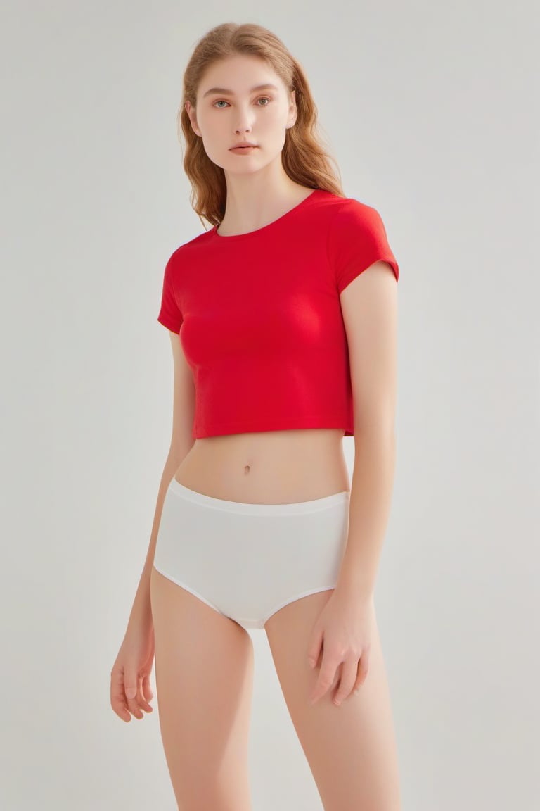 full_body, European, woman, red t-shirt , white panties, standing barefoot, perfect face in focus, (wide shoulders), looking_at_viewer, navel, midriff, (makeup), mascara, ((kawaii)), skin pores, bright lighting, poor contrast, good quality, good aesthetic, good blur, good noise, 8k