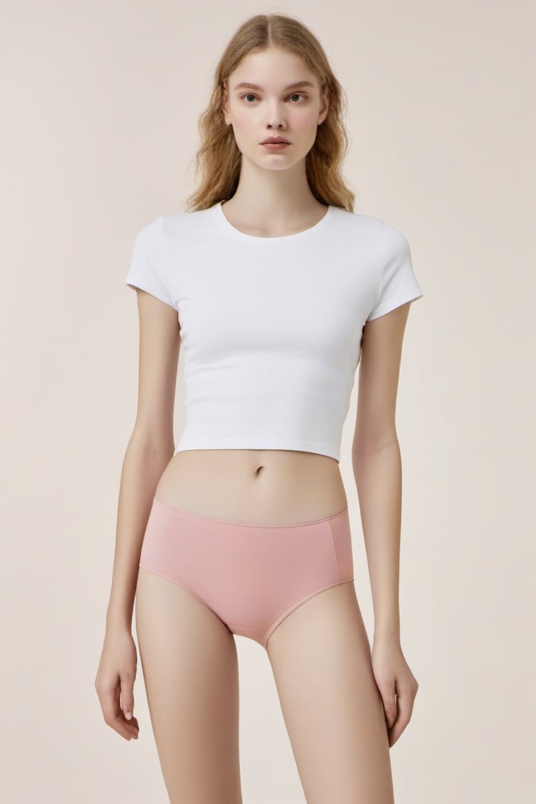 full_body, European, woman, white t-shirt, pink panties, standing barefoot, perfect face in focus, (wide shoulders), looking_at_viewer, navel, midriff, (makeup), mascara, skin pores, bright lighting, poor contrast, good quality, good aesthetic, good blur, good noise, 8k