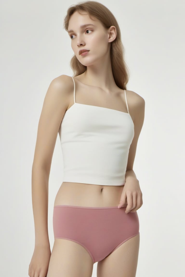 full_body, European, woman, white camisole, pink panties, standing barefoot, perfect face in focus, (wide shoulders), looking_at_viewer, navel, midriff, (makeup), mascara, skin pores, bright lighting, poor contrast, good quality, good aesthetic, good blur, good noise, 8k