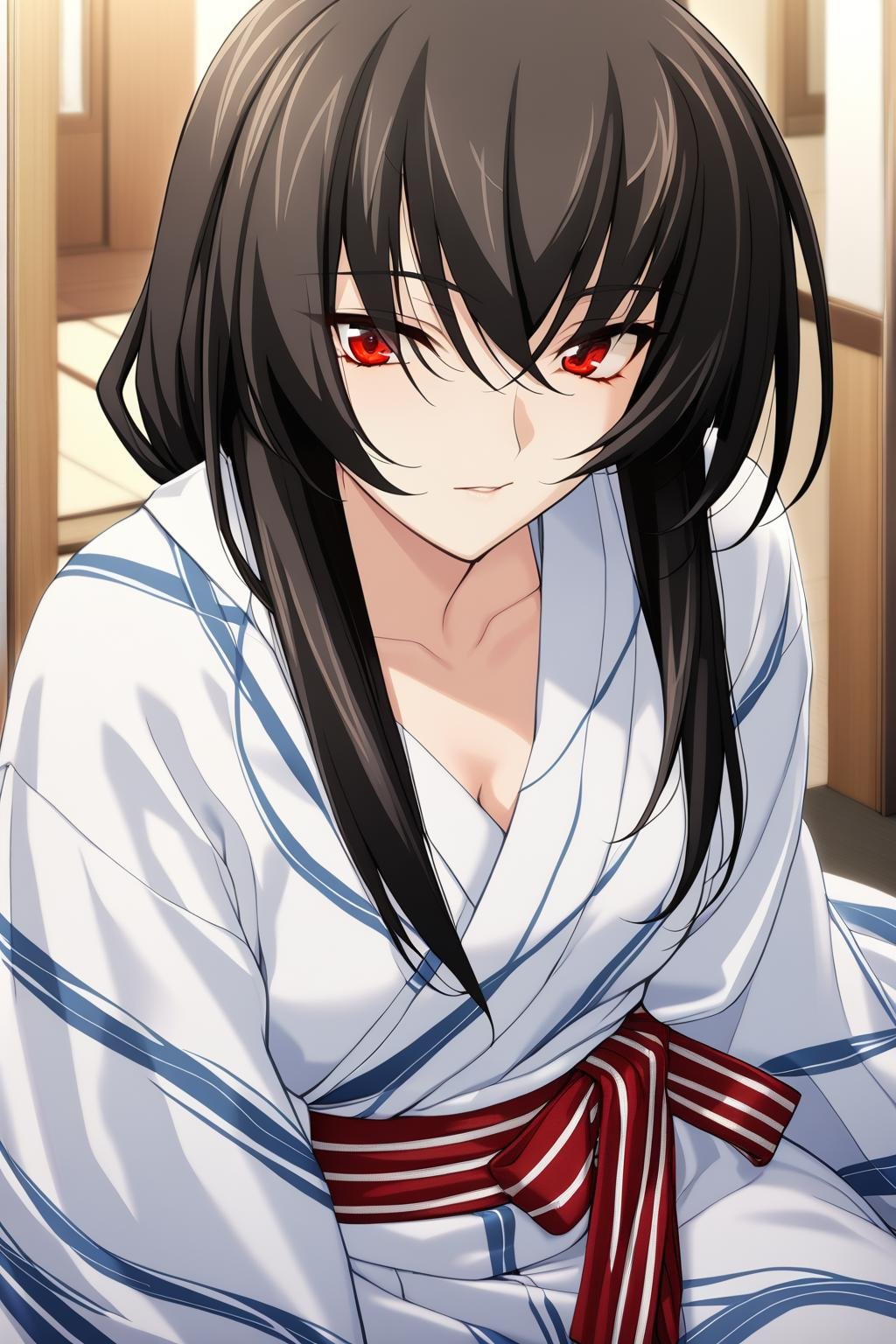 1girl,Suzushiro Rein,yukatarein,white kimono,red belt with two white lines,blue line pattern,masterpiece,best quality,solo,game cg,(detailed beautiful eyes:1.2),(beautiful face:1.2),<lora:SuzushiroReinXL:0.9>,