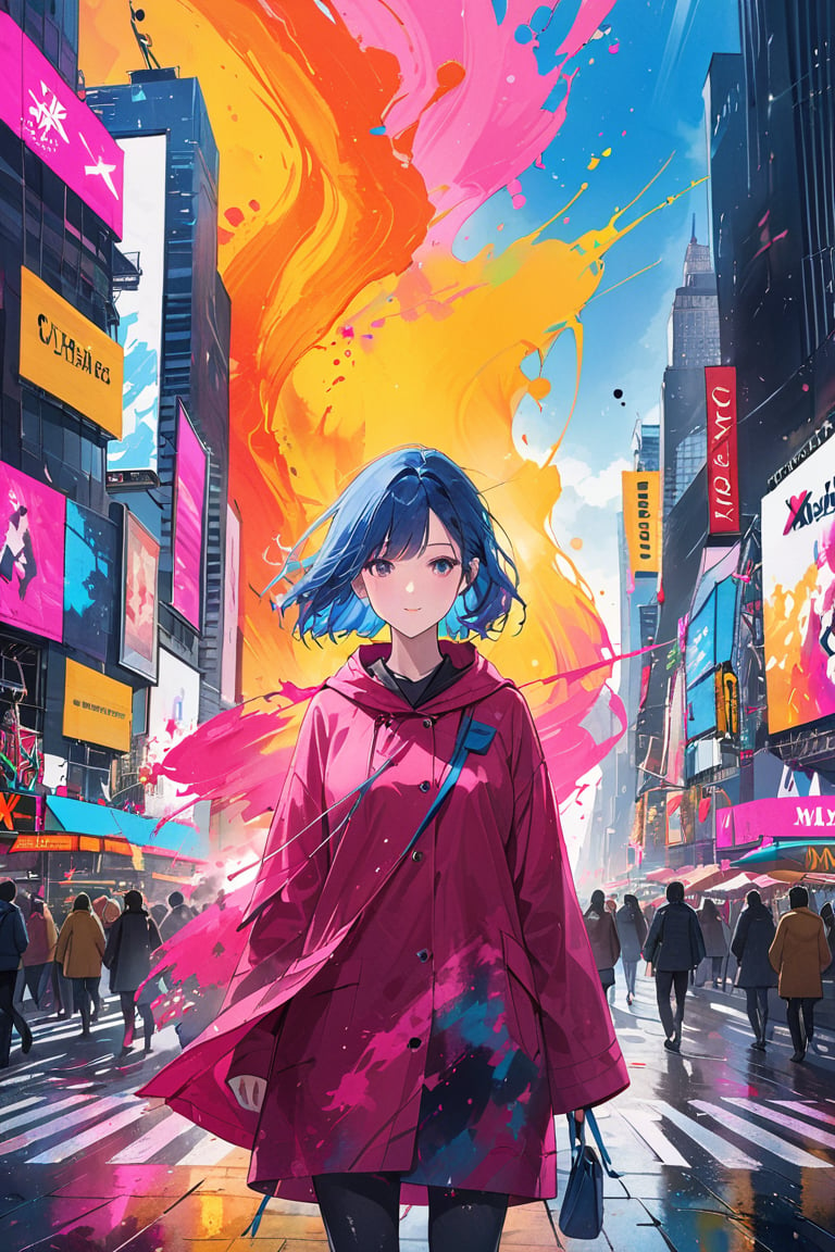 Ultra-high resolution, cinematic lighting,Woman wearing pink raincoat in Times Square,xxmix_girl,more detail XL, blue medium hair, mexican, , colorful paint splatter, colorful ink wash painting, colorful, colorful background, ,ink, ink smoke,