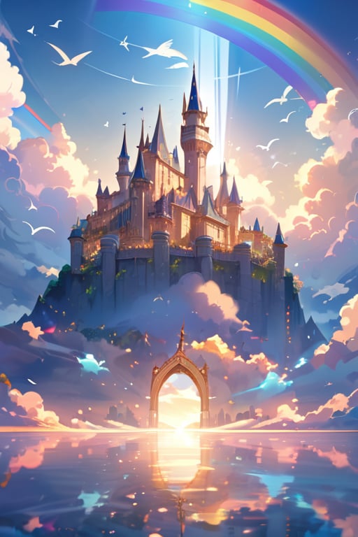 A majestic castle floating above the clouds with a clear reflection beneath,surrounded by rainbows,sunlight streaming through the clouds,birds flying freely in the sky,masterpiece,best quality,4k,ethereal fantasy style,vibrant colors,best lighting,depth of field,detailed architecture,magical atmosphere