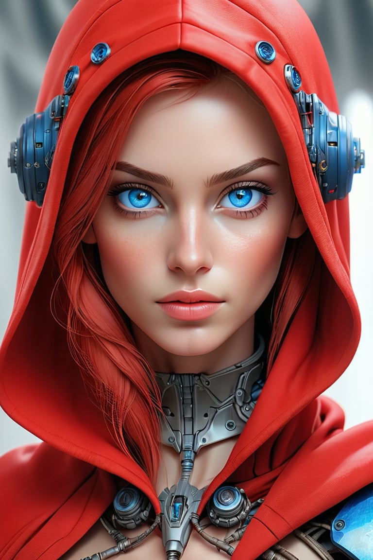 1girl,EA post apocalyptic portrait photo of a red hooded woman, (((front view))), blue eyes,beautiful female, beautiful face, biomechanical android with translucent lingerie armor,scientific illustration,white backgorund,alabaster skin,perfect face
