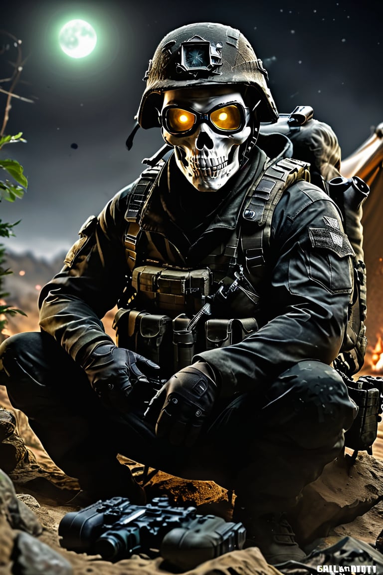 photo of a ghost from call of duty, masterpeice, highly_detailed, high_resolution, high_detailed, army base, sitting_down, taking to camera, black army outfit, skull mask, terrorist camp,scary,night vision goggles on helmet