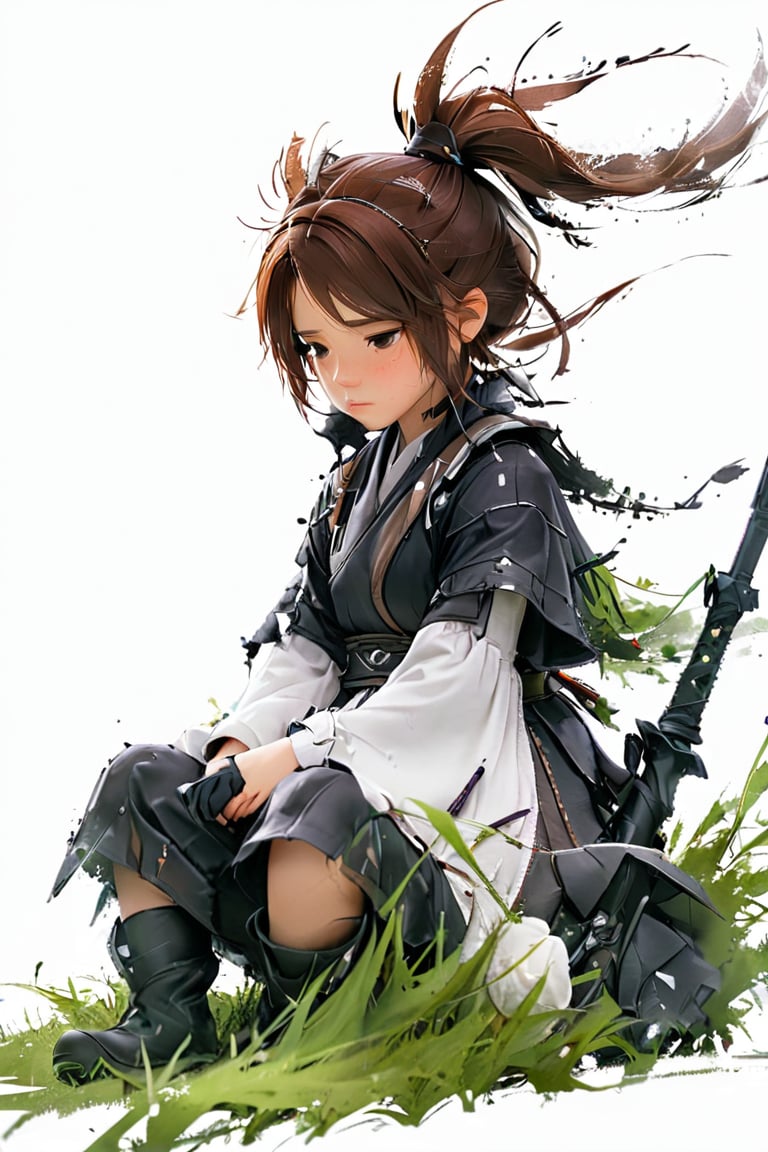 {{texas the omertosa (arknights)}}1girl,white background,White,sitting, grass, from side,head down,sad,solo,