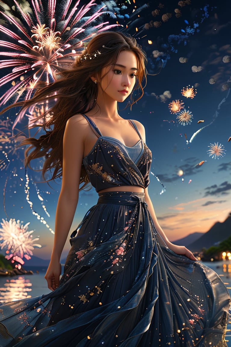((extremely detailed CG unity 8k wallpaper)),(masterpiece), (best quality), (ultra-detailed), (best illustration),(best shadow), (an extremely delicate and beautiful), ((((1girl)))), dynamic angle, floating, finely detail, (bloom), (shine), glinting stars, ((((best detailed fireworks)))), ((((depth of field)))), (((hanabi))), Beautiful detailed girl, (((backlight))), extremely delicate and beautiful girls, ((summer long skirt)), (((solo))), best detailed hair, ((beautiful detailed water)), night sky, (((small breast))), beautiful detailed sky, beautiful detailed eyes, (((arms behind back))), long hair, (((dynamic angle))), long skirt