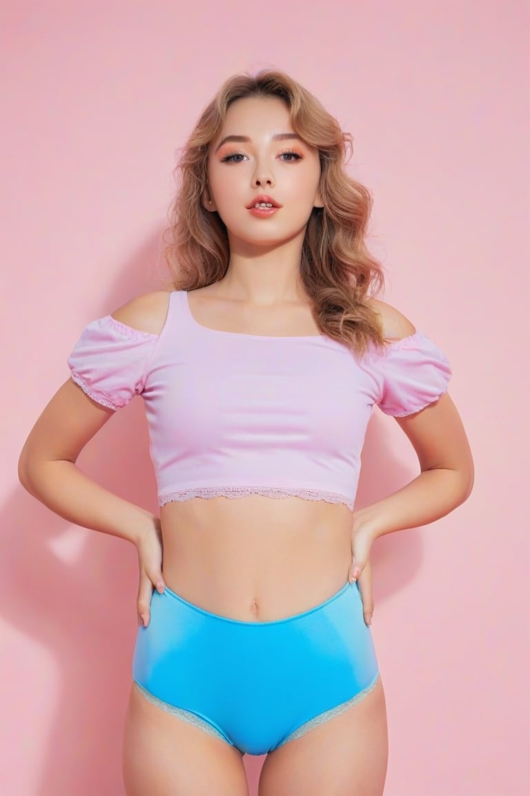 full_body, European, woman, pretty face, ((byz)), t-shirt , panties,  cowboy shot, perfect face in focus, (wide shoulders), looking_at_viewer, navel, midriff, (makeup), mascara, ((kawaii)), skin pores, bright lighting, poor contrast, good quality, good aesthetic, good blur, good noise, 8k,cameltoe,byz