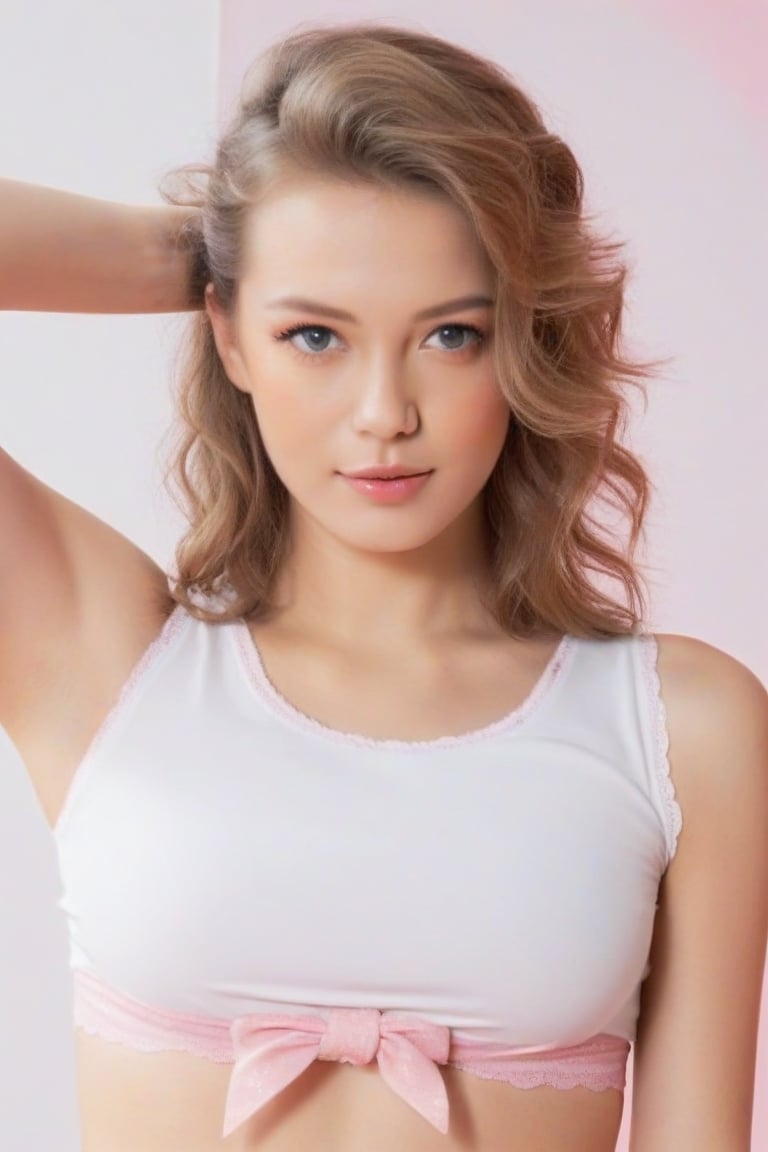 full_body, European, woman, pretty face, ((byz)), t-shirt , panties,  cowboy shot, perfect face in focus, (wide shoulders), looking_at_viewer, navel, midriff, (makeup), mascara, ((kawaii)), skin pores, bright lighting, poor contrast, good quality, good aesthetic, good blur, good noise, 8k,cameltoe,byz