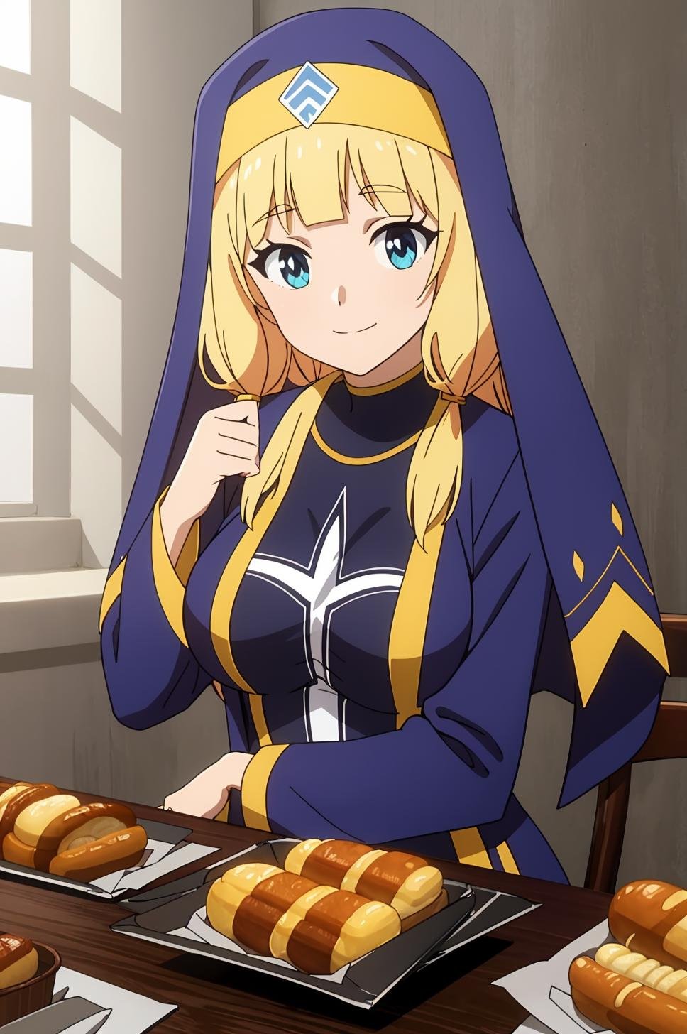 ((best quality)),((highly detailed)),masterpiece,absurdres,detailed face,beautiful face,(detailed eyes, deep eyes),1girl,((dynamic pose))  <lora:CecilyV1:0.8>Cecily, blonde hair, solo, long hair, food, breasts, blue eyes, bangs, smile, blunt bangs, habit, bread, long sleeves, large breasts, upper body, looking at viewer, nun, sidelocks, closed mouth, indoors, table, dress, holding, bodysuit, looking to the side, veil, medium breasts, blue jacket, jacket, blue headwear, standing, hair tubes, hair tie, twintails