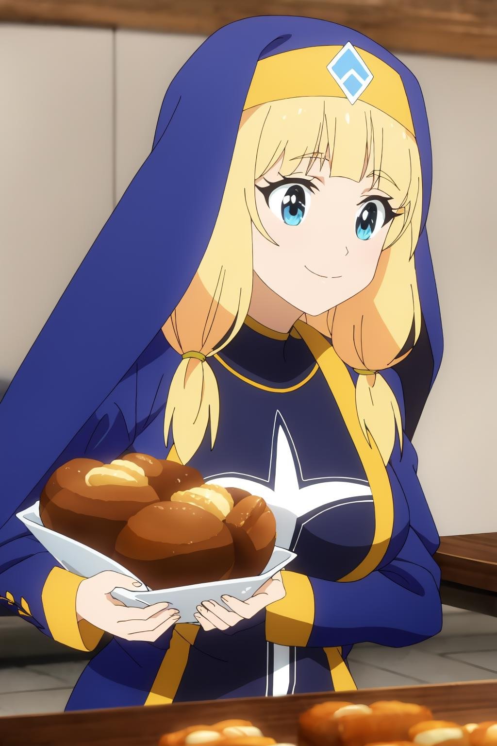 ((best quality)),((highly detailed)),masterpiece,absurdres,detailed face,beautiful face,(detailed eyes, deep eyes),1girl,((dynamic pose))  <lora:CecilyV1:0.8>Cecily, blonde hair, solo, food, blue eyes, smile, cup, long hair, breasts, holding, habit, bangs, upper body, nun, long sleeves, large breasts, looking to the side, blunt bangs, table, closed mouth, cosplay, veil, indoors, dress, sidelocks, wide sleeves, steam, twintails, bread