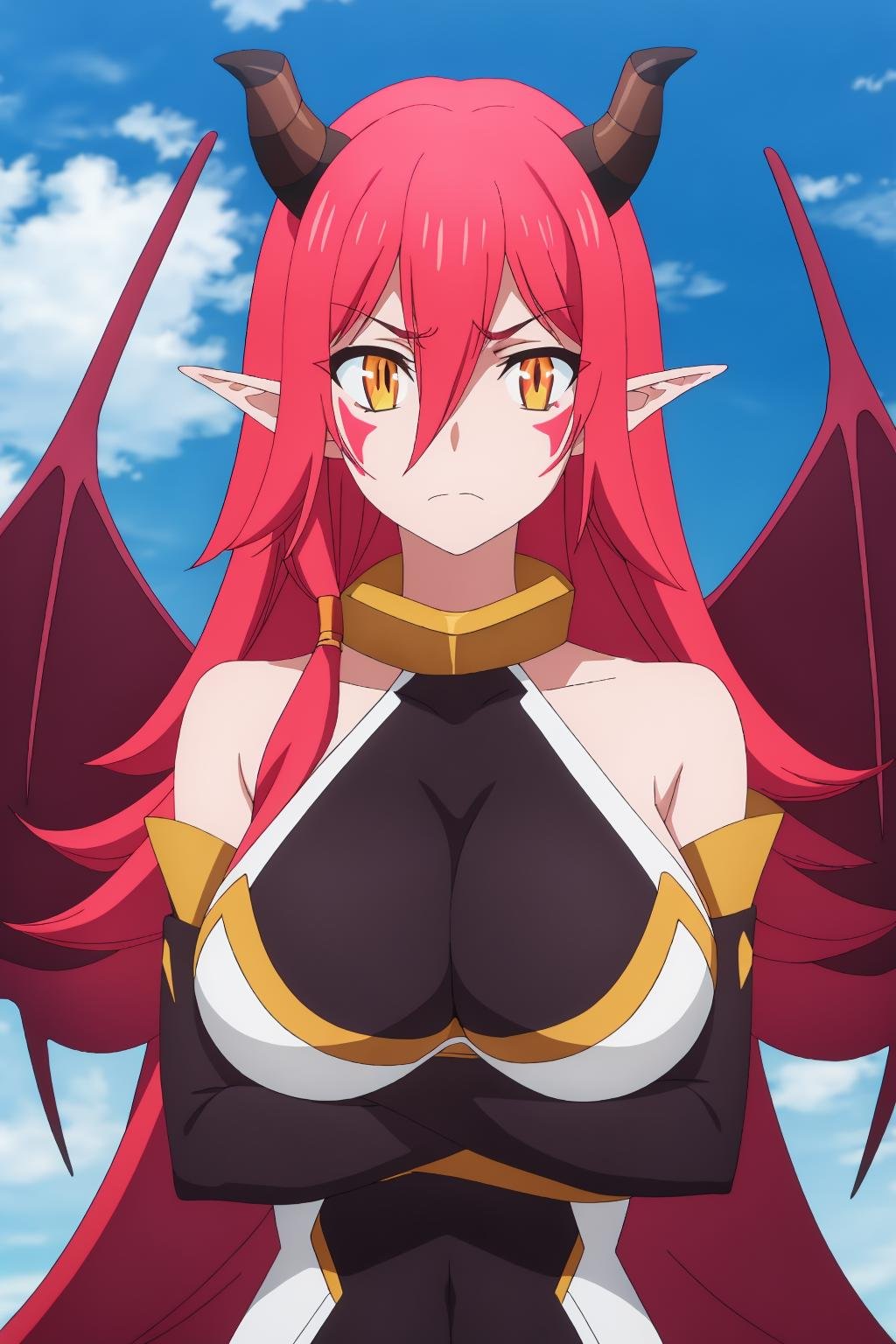 ((best quality)),((highly detailed)),masterpiece,absurdres,detailed face,beautiful face,(detailed eyes, deep eyes),1girl,((dynamic pose))  <lora:ArnesV1:0.8>Arnes, breasts, solo, red eyes, wings, horns, pointy ears, long hair, large breasts, red hair, sky, dragon girl, bare shoulders, hair between eyes, cloud, upper body, looking at viewer, day, blue sky, facial mark, cleavage, dragon wings, dragon horns, crossed arms, outdoors, slit pupils, monster girl, frown, collarbone, duel monster, demon girl, demon wings, red wings, blush stickers, closed mouth, blush, bangs, elbow gloves, hair tubes, cloudy sky, sidelocks, facial tattoo, very long hair