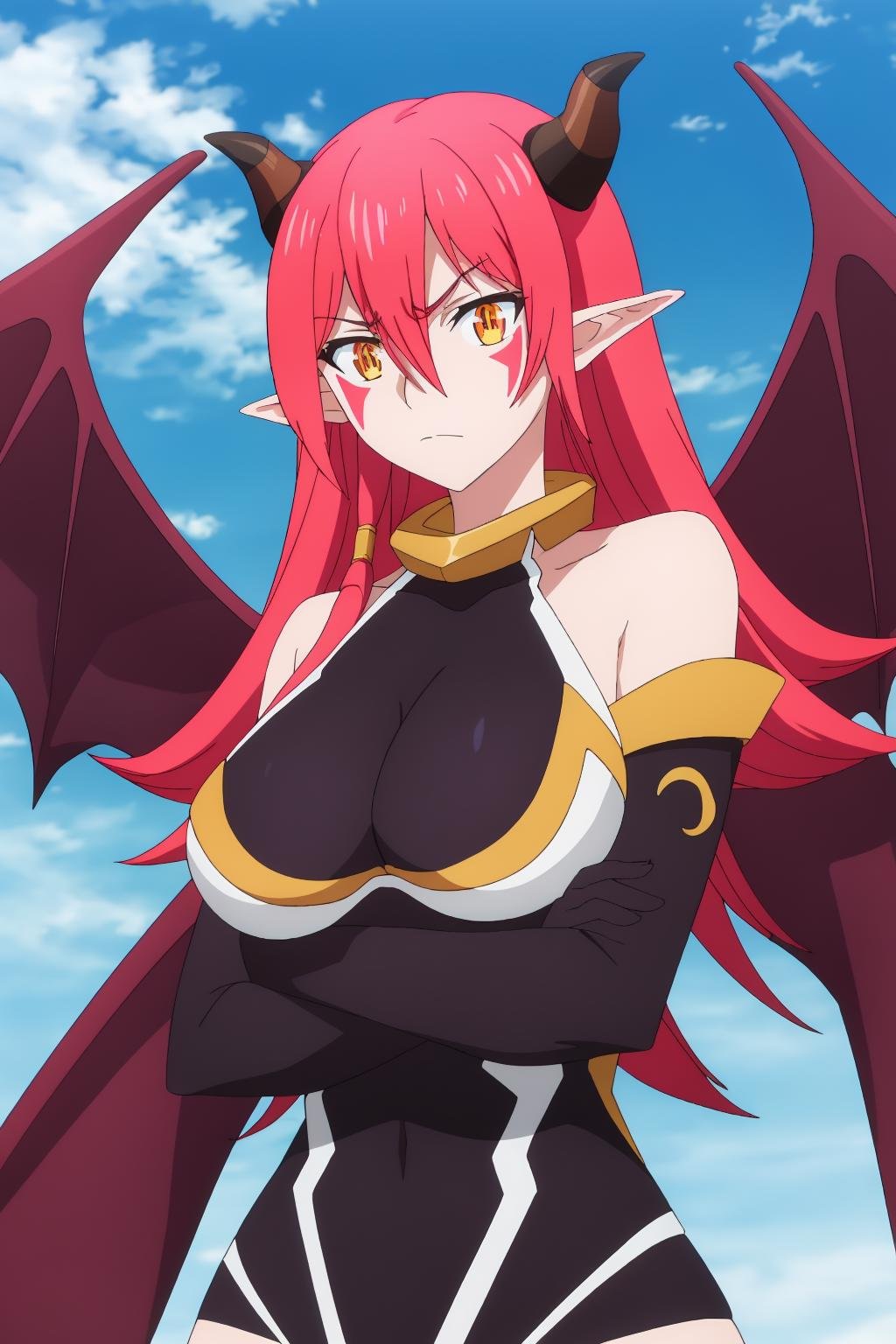 ((best quality)),((highly detailed)),masterpiece,absurdres,detailed face,beautiful face,(detailed eyes, deep eyes),1girl,((dynamic pose))  <lora:ArnesV1:0.8>Arnes, breasts, solo, red eyes, wings, horns, pointy ears, long hair, large breasts, red hair, sky, dragon girl, bare shoulders, hair between eyes, cloud, upper body, looking at viewer, day, blue sky, facial mark, cleavage, dragon wings, dragon horns, crossed arms, outdoors, slit pupils, monster girl, frown, collarbone, duel monster, demon girl, demon wings, red wings, blush stickers, closed mouth, blush, bangs, elbow gloves, hair tubes, cloudy sky, sidelocks, facial tattoo, very long hair