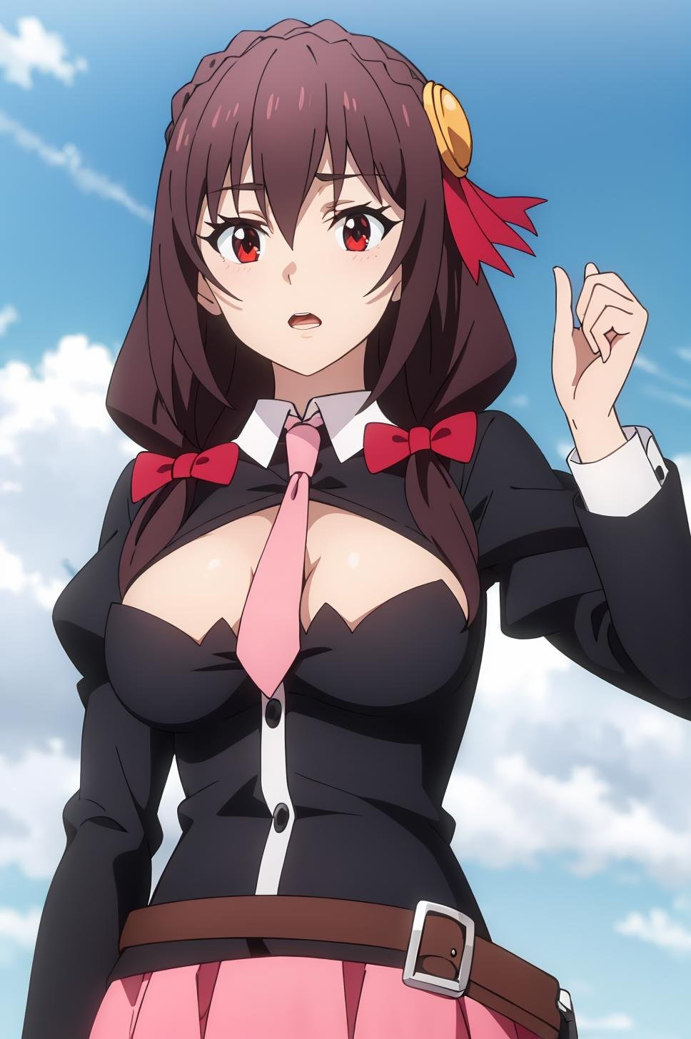 ((best quality)),((highly detailed)),masterpiece,absurdres,detailed face,beautiful face,(detailed eyes, deep eyes),1girl,((dynamic pose))  <lora:YunYunV1:0.8>Yunyun, red eyes, necktie, breasts, brown hair, pink necktie, braid, day, sky, belt, crown braid, open mouth, hair ornament, blue sky, long sleeves, long hair, skirt, solo, bow, hair bow, outdoors, cloud, pink skirt, hair between eyes, puffy sleeves, ribbon, medium breasts, necktie between breasts, large breasts, juliet sleeves, clothing cutout, bangs, cleavage cutout, shirt, twintails, red bow, black shirt, hair ribbon, cowboy shot, animal, cleavage, between breasts, brown belt, blush, low twintails, looking away